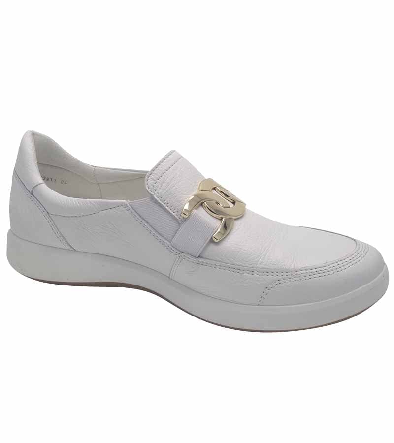 Ara Womens 4UK / WHITE Ara Womens Leather Moccasin Wide Fit Comfort Gold Buckle Detail Roma - 12-23911