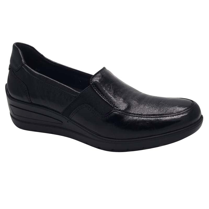 Ara Womens BLACK / 4UK Ara Womens Black Leather Wide Fit Low Wedge Zurich Shoes 12-50613-10