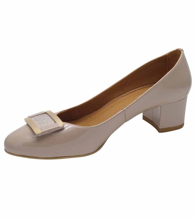 Emis Womens Emis Womens Beige Front Detail Comfort Patent Leather Court Shoe SL8155-415