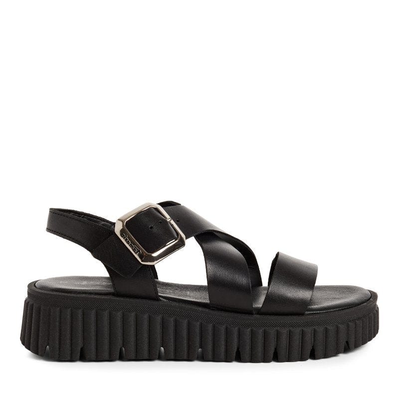 Jana Womens Tamaris Womens Black Leather Buckle Wedge Sandal 1-28705-44