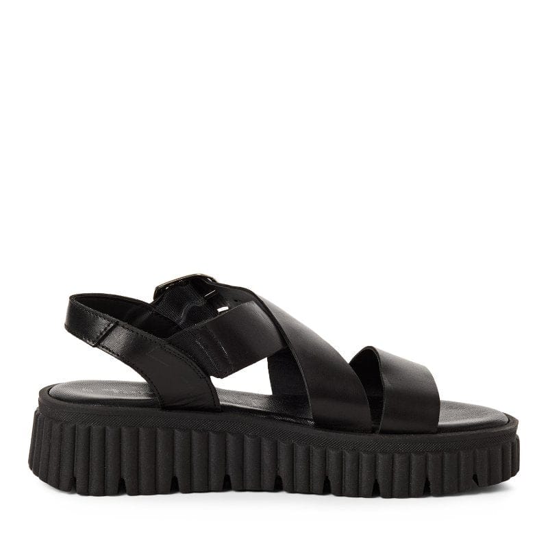 Jana Womens Tamaris Womens Black Leather Buckle Wedge Sandal 1-28705-44