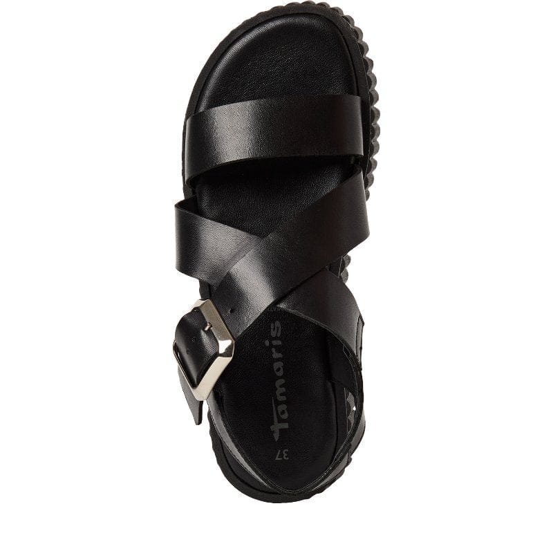 Jana Womens Tamaris Womens Black Leather Buckle Wedge Sandal 1-28705-44