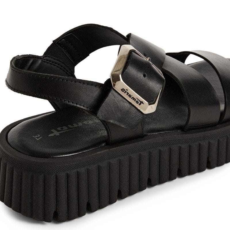 Jana Womens Tamaris Womens Black Leather Buckle Wedge Sandal 1-28705-44