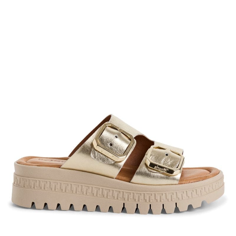 Jana Womens Tamaris Womens Gold Velcro Strap Slip On Wedge Sandal 1-27202-44