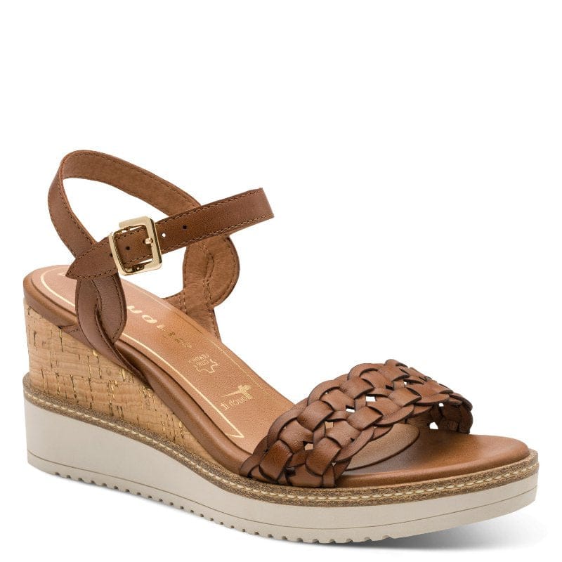 Jana Womens TAN / 3UK Tamaris Womens Tan Leather Wedge Heel Sandal 1-28334-46