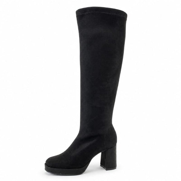Miss Elastic Womens Miss Elastic Black Suede Sock Block Heel Knee Boot - 77071