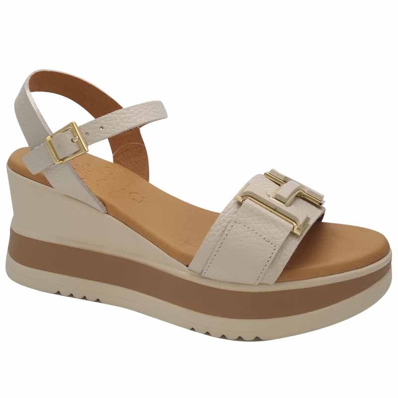 Oh My Sandals Womens BEIGE / 4UK Oh My Sandals Womens Beige Leather Low Wedge Sandal - 5981