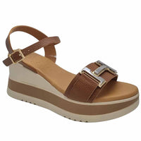 Oh My Sandals Womens BROWN / 4UK Oh My Sandals Womens Brown Leather Low Wedge Sandal - 5981