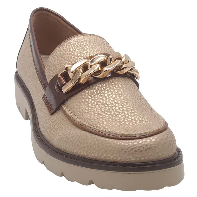 Zanni & Co Womens Zanni & Co Gold Shimmer Slip On Low Heel Loafer - Daqia One